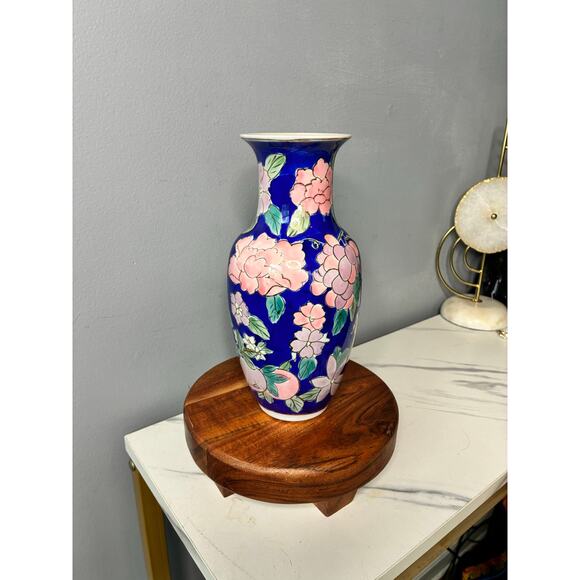 Blue Floral Porcelain Vase Hand-Painted Style | Made in China Decorative Accent - Picture 3 of 5